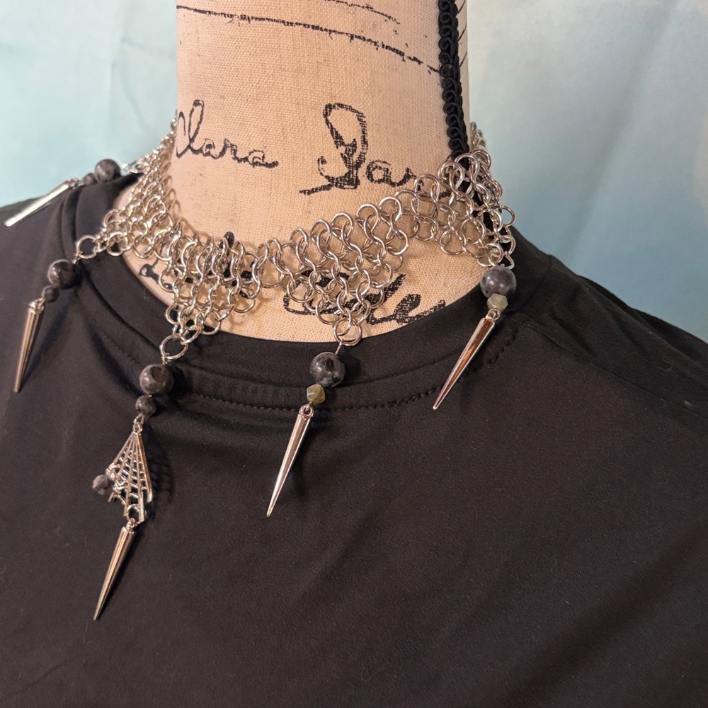 Handmade Madagascar Labradite Chain Mail Spiderweb Choker witchy luxe goth - Picture 5 of 8